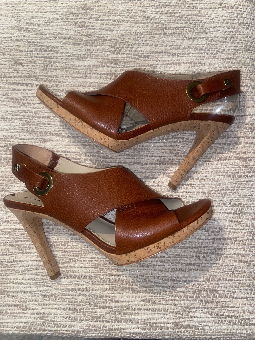 Via Spiga brown leather slingback sandals cork-wrapped platform heel size 7.5 US - Picture 1 of 9